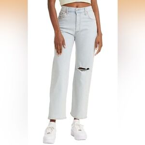 Levi's Pale Blue Ribcage Straight Ankle High-Rise Jeans with Knee Rip
